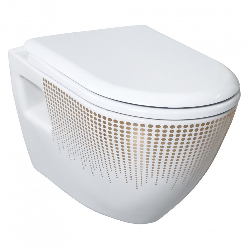 WC SUSPENDU DESIGN AVEC HYGIÈNE (BIDET) INOX, BLANC AVEC DÉCORATION DOREE