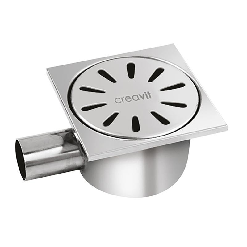 CREAVIT SIPHON DE SOL INOX, CARRÉ SORTIE HORIZONTALE 15x15 Ø50