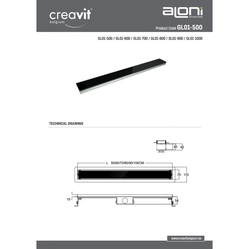 GRILLE POUR CANIVEAU DE DOUCHE EN VERRE NOIR 70cm