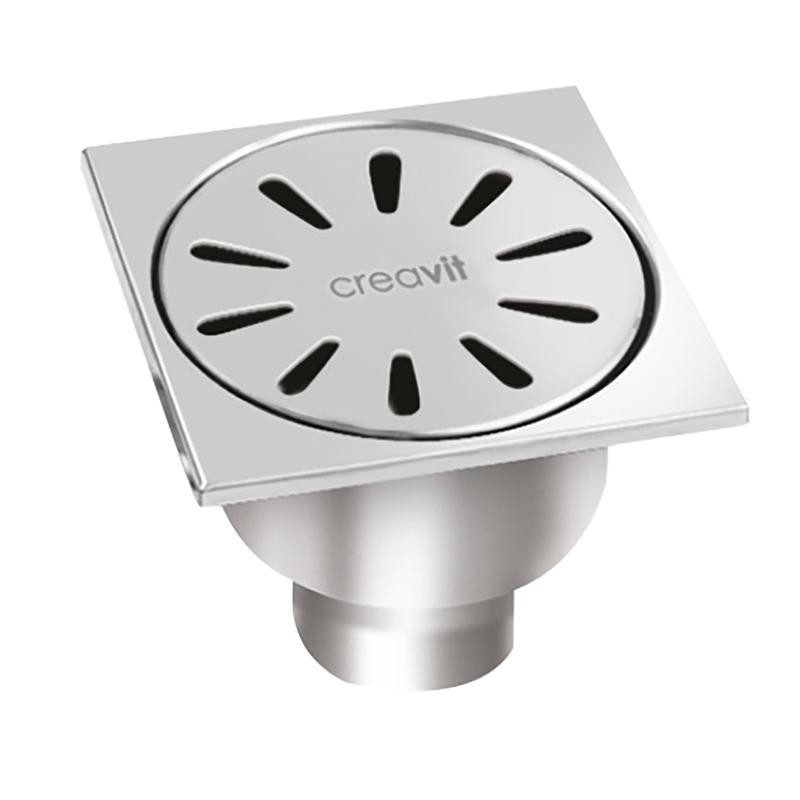 CREAVIT SIPHON DE SOL INOX, CARRÉ SORTIE VERTICALE 15x15 Ø50