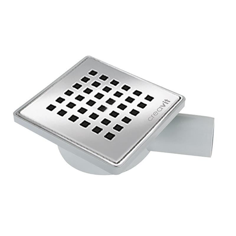 CREAVIT SIPHON DE SOL PVC AVEC GRILLE INOX, CARRÉ SORTIE HORIZONTALE 15x15 Ø50